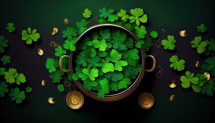 Saint Patrick's Day banner with black pot full of gold coins and shamrock leaves abstract green background for design, copy space, banner, invitation. digital art, generative AI