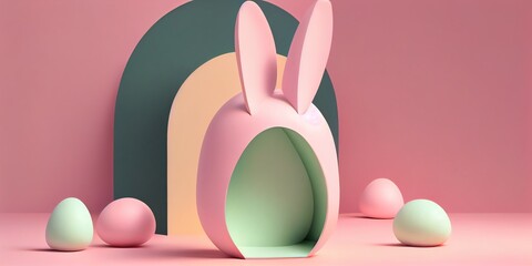 Illustration of Creative easter egg with rabbit ears on pastel pink background. Minimal concept. 3d rendering. Generative AI