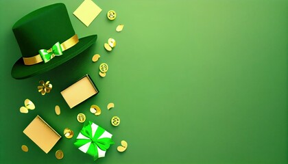 Saint Patrick's Day concept. Top view photo of leprechaun cap present boxes pot with gold coins bow-tie shamrocks and confetti on isolated green background with blank space , generative AI