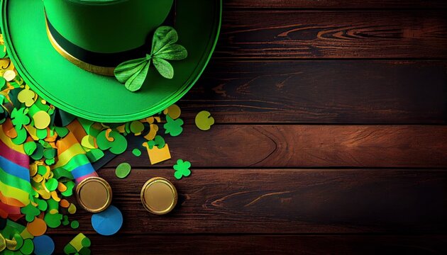 St. Patrick's Day concept. Top view photo of leprechaun cap present boxes pot with gold coins bow-tie shamrocks and confetti on isolated wood background with copy space, generative AI