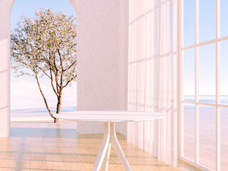 Natural beauty podium backdrop with spring sakura cherry blossom tree. 3d rendering. © mim.girl