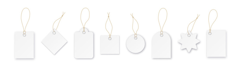 Blank paper price vector tags or gift tags in different shapes. Set of labels with cord. Vector