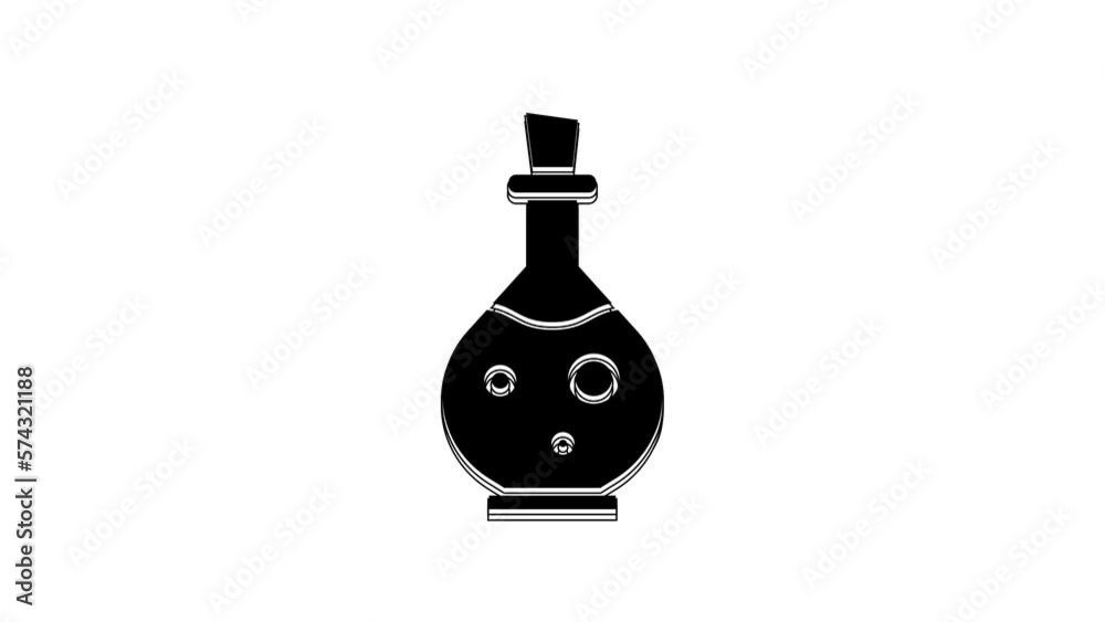 Poster black glass bottle with magic elixir icon isolated on white background. computer game asset. 4k vide