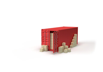 Sea container for cargo transportation and cardboard boxes. 3d render on the topic of cargo transportation, sea transportation. White background, minimal style.