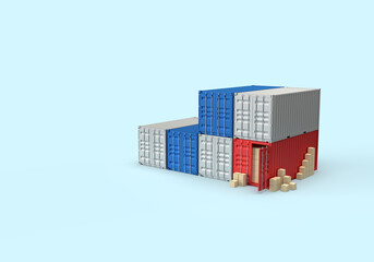 Pattern of shipping containers for cargo transportation and cardboard boxes. 3d render on the topic of cargo transportation, sea transportation, cargo delivery. Blue background, minimal style.