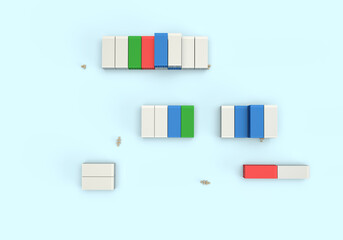 Pattern of shipping containers for cargo transportation and cardboard boxes. 3d render on the topic of cargo transportation, sea transportation, cargo delivery. Blue background, minimal style.