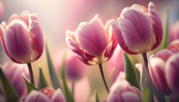 Pink and purple tulips pastel colors backdrop. Romantic Mother´s Day gift. Generative AI