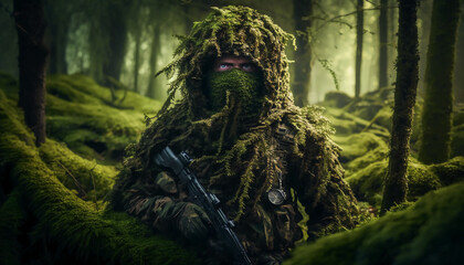 Ghillie suit design concept. Generative AI.