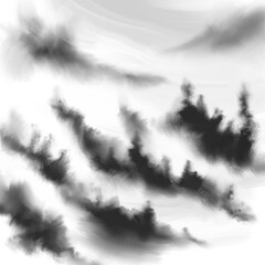 Fog in the spruce forest. Beautiful mysterious landscape. Vector illustration hand-drawn. Design of background, cover, template, postcard, photo wallpaper, book illustration.