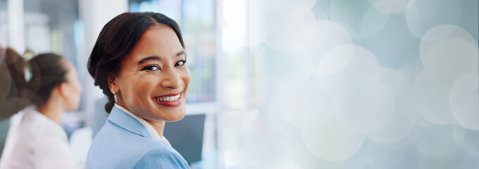 Happy woman, portrait or internship in office meeting, boardroom training or diversity teamwork...