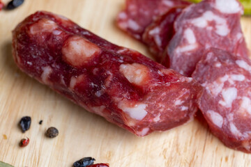 Sausage cut into pieces on the table