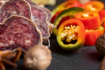 Unpeeled sliced salami using beef meat with spices