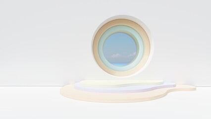 Interior background, room with circle window and podium for product presentation 3d render