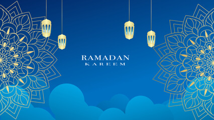 Ramadan Kareem. Islamic greeting card template with ramadan for wallpaper design on blue background. Contained arabic ornament and lamps.