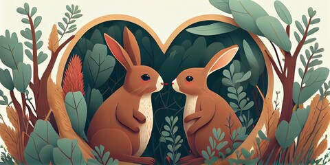 Illustration of Two rabbits in love holding a wooden heart in nature. Generative AI