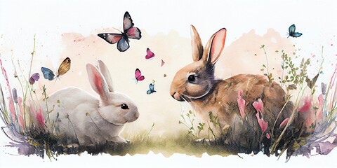 Illustration of Two rabbits playing and catching pink butterflies are depicted in a watercolor. Bunnies in a Meadow Playing. Generative AI