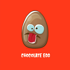 Cartoon chocolate easter egg cartoon characters isolated on red background. My name is egg vector concept illustration. funky sweet chocolate easter egg character with eyes and mouth