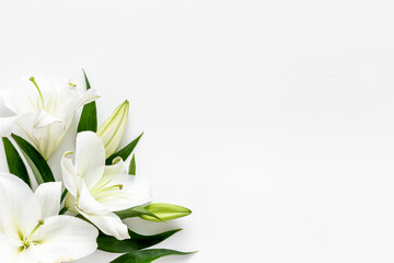 Branch of white lilies flowers. Mourning or funeral background - obrazy, fototapety, plakaty