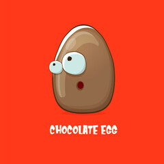 Cartoon chocolate easter egg cartoon characters isolated on red background. My name is egg vector concept illustration. funky sweet chocolate easter egg character with eyes and mouth