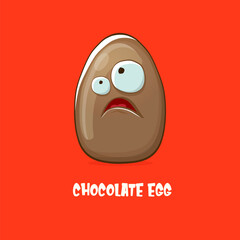 Cartoon chocolate easter egg cartoon characters isolated on red background. My name is egg vector concept illustration. funky sweet chocolate easter egg character with eyes and mouth