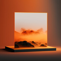 misty mists and orange sunsets background for cosmetic products, mock up pedestal. AI generation.