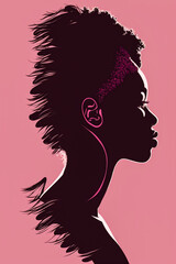 
pink and black duotone pop art illustration, an isolated silhouette of a head, a young & beautiful attractive woman/person (generative ai) horizontal split screen layout