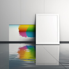 Wall poster mockup rainbow of colors reflecting off a lake AI generation.