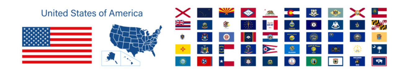 State flags of United States of America set icon and map. Regions flag vector