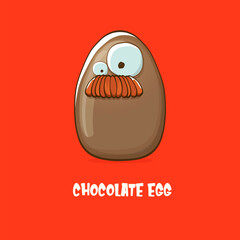 Cartoon chocolate easter egg cartoon characters isolated on red background. My name is egg vector concept illustration. funky sweet chocolate easter egg character with eyes and mouth