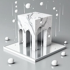 silver raindrops on a marble floor podium, empty showcase for packaging product presentation. AI generation.