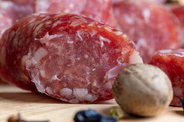 Dried pork sausage during slicing