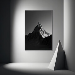 Wall poster mockup deep abyss and a sunlit mountain peak, AI generation.