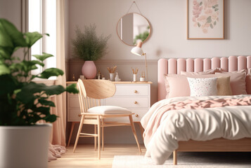 Generative AI illustration of cozy pastel colored bedroom interior in daylight