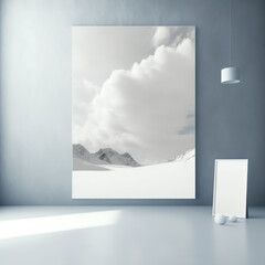 Wall poster mockup cloudy sky above a mountain of snow AI generation.