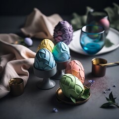 Colorful decorated eggs on darken background, luxury easter concept
