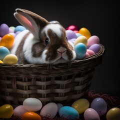 Cute easter bunny with easter eggs in basket, easter concept