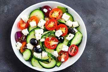 Bowl with Greek salad with fresh vegetables and feta cheese. Watercolor hand drawn horizontal illustration, isolated on white background. Generative AI