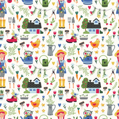 Vector seamless pattern with garden elements and a girl in a hat with a bucket and flowers . Ornament with a rustic house with twigs, flowers and a chicken with chickens