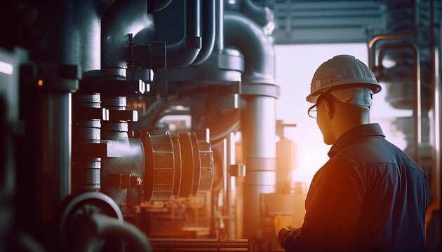 Engineer verify the state of work at the facility, Industrial zone steel pipelines and valves, engineer maintain power plan equipment, Generative AI