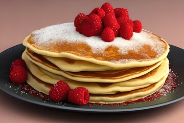 Fluffy pancake stack topped with syrup and embellished with raspberries and red glitter pepper hearts. For Saint Valentines Day, a homemade gift. Light peach background color. Generative AI