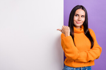 Photo of lady promoter point thumb white board demonstrate discount ads isolated on violet color background