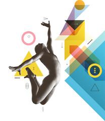 Art composition. Jumping man. Gymnastics activities for icon health and fitness community. Transparency geometrical background. Cover design template for presentation, poster, cover or brochure.