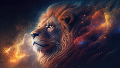 Leo lion king head zodiac sign against space nebula background. Astrology calendar. Esoteric horoscope and fortune telling concept. Created with Generative AI - obrazy, fototapety, plakaty