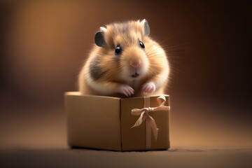 Generative AI illustration of cute hamster sitting in box