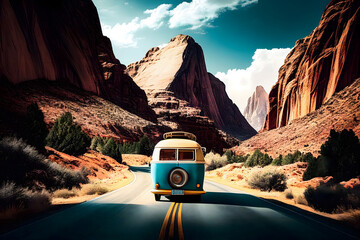 On the Road Again vintage camper van parked on a winding mountain road Generative AI - obrazy, fototapety, plakaty
