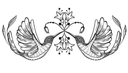 Hero section with humming bird. Transparent black ink picture. For web, note, cover.  Web template for Website.