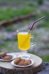 Glass of orange juice with reusable straw and two plates with cookies, served in a garden. Selective focus.