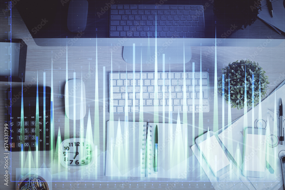 Poster Double exposure of forex graph drawing over desktop background with computer. Concept of financial analysis. Top view.