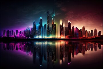 Fototapeta na wymiar City skyline with a dramatic or creative lighting (Ai generated)