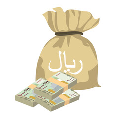 Yemeni Rial Vector Illustration. Yemen money set bundle banknotes. Money bag 1000 YER. Flat style. Isolated on white background. Simple minimal design.
